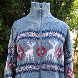 Men's Knit Christmas Cardigan Ugly Sweater Blair Blue Zip Pockets Reindeer XL